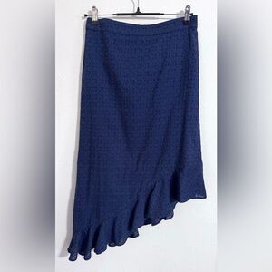 J. Crew Mercantile Eyelet Asymmetrical Ruffle Midi Skirt, navy blue, size small